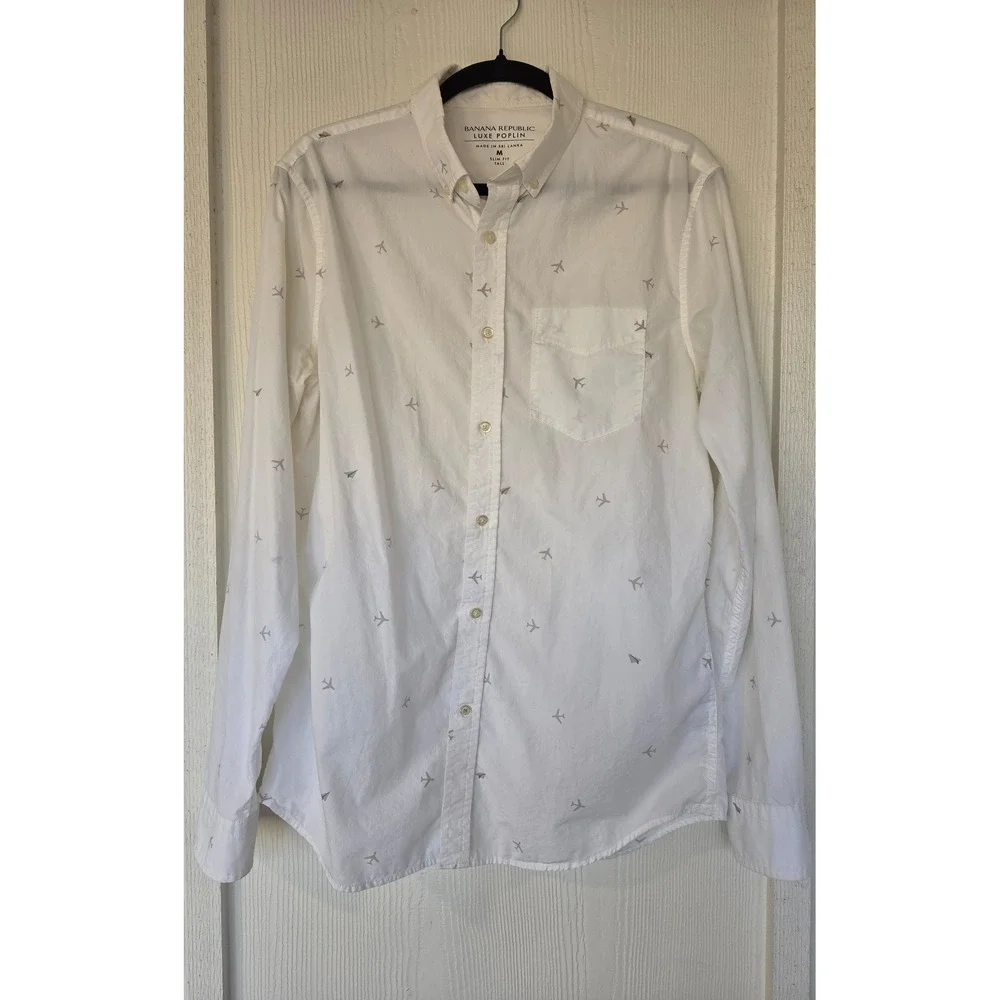 Banana Republic Mens Luxe Poplin Airplane Print Shirt Size M Tall Slim Fit Pilot